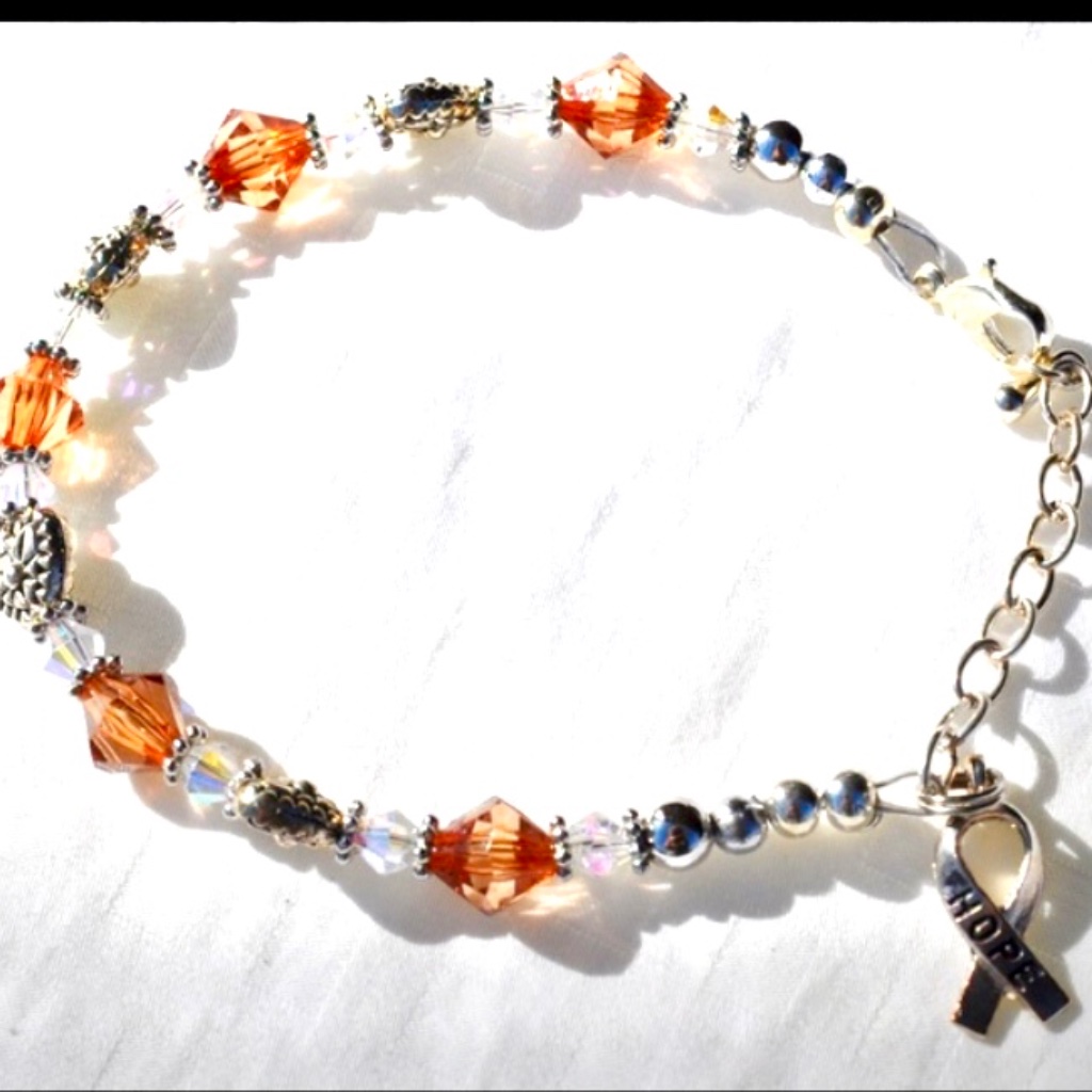 Silver Detailed Hearts With Clear & Orange Swarovski Faceted Crystal Bracelet